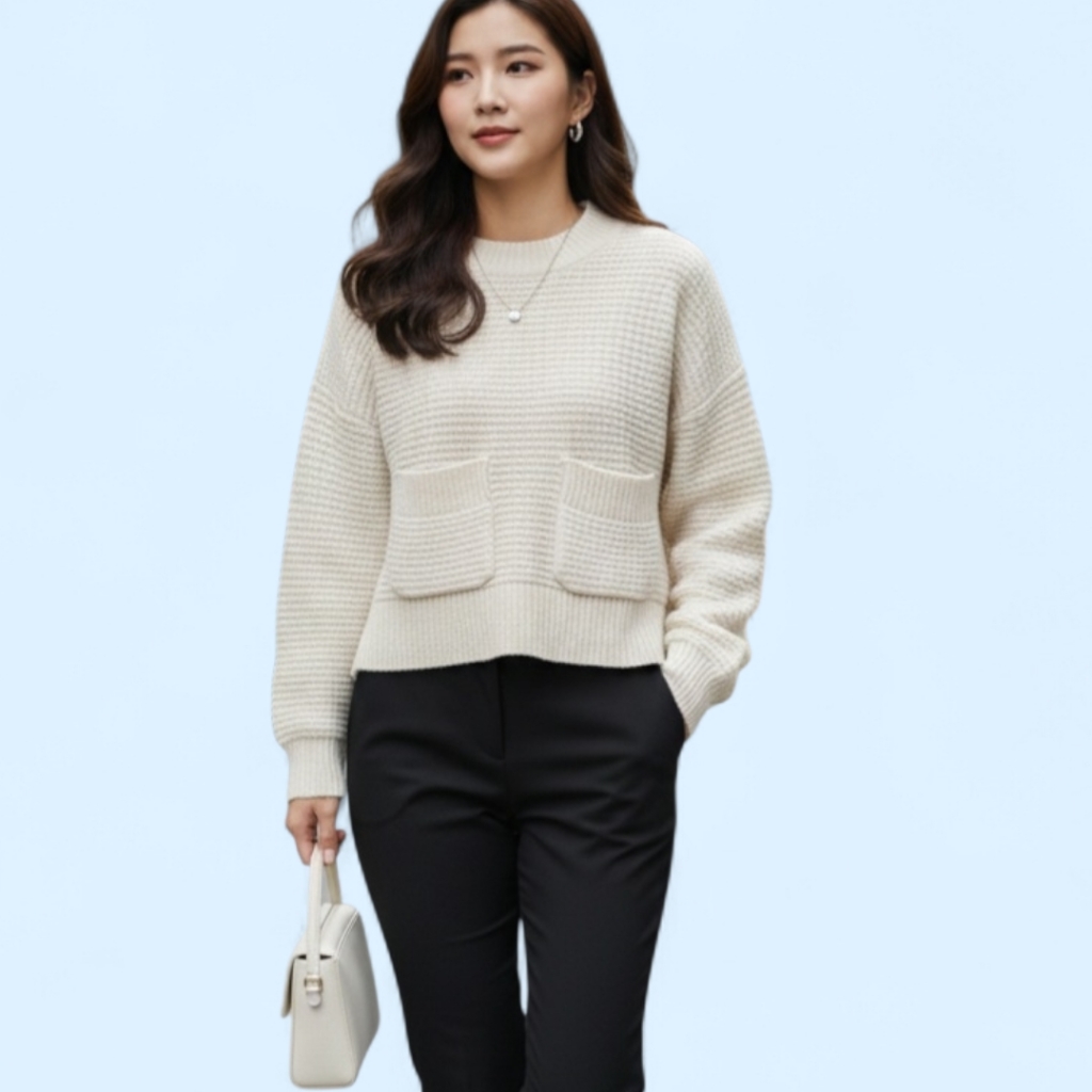 Everlane Recycled Cashmere Waffle Knit Crew Neck Sweater With Pockets Cream Xs
